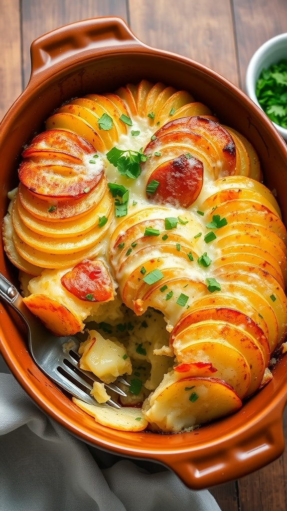 A golden-brown Savory Potato Queen Bake, topped with melted cheese and fresh herbs, in a rustic dish on a wooden table.